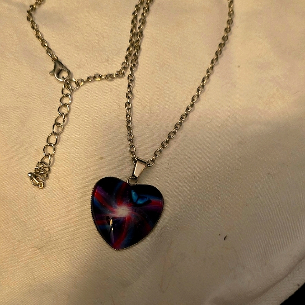 Purple Heart Pendant Necklace with Silver Chain & Blue Butterfly